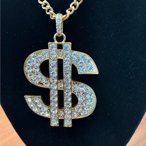 Gold Tone Crystal Dollar Sign Pendant Necklace - Fashion Jewelry
